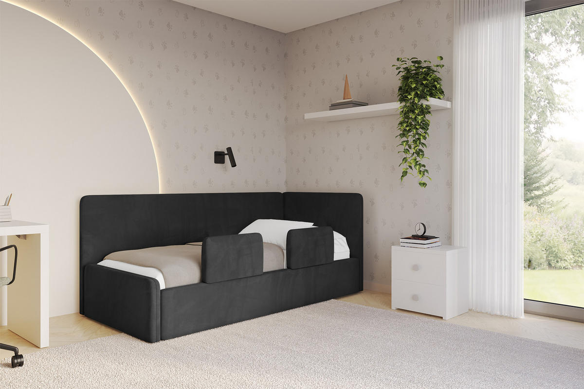 EINZELLBETT Jugendbett mit Bettkasten, Links - NORY 80x200 Schwarz - Schwarz, Holzwerkstoff/Textil (80/200cm) - ALTDECOR