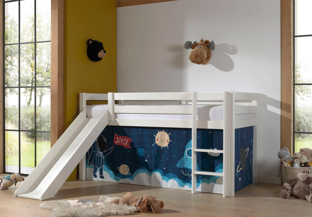 HOCHBETT mit Rutsche Karolina Massivholz Weiß Textilset Rakete - Türkis/Weiß, Holz (90/200cm) - 58aufmkessel