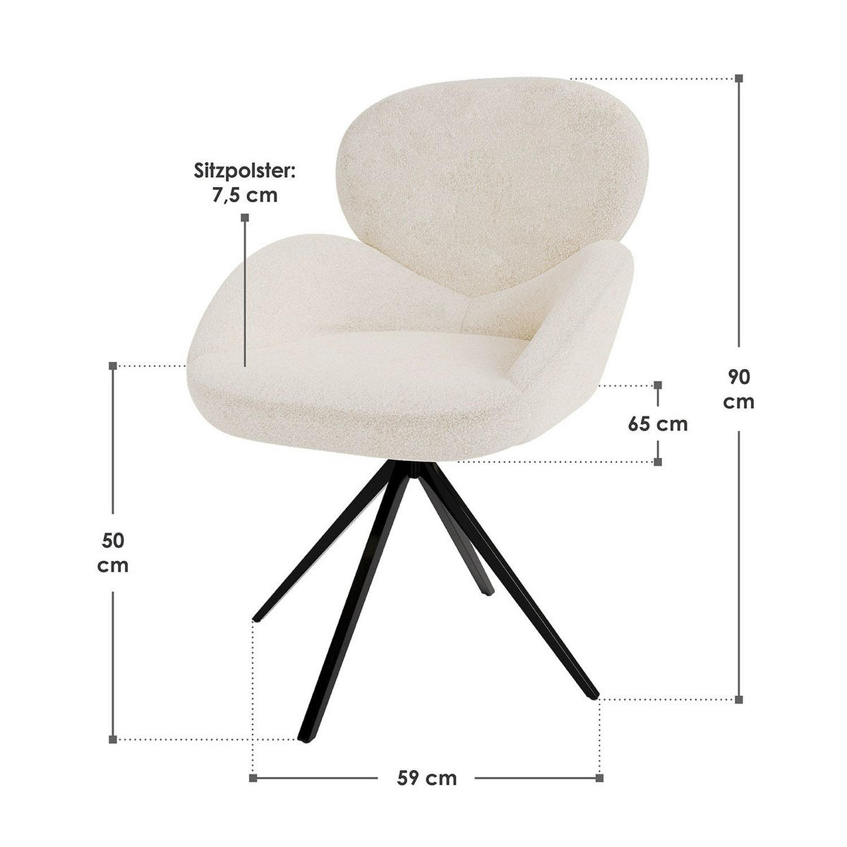 DREHSTUHL Albano Bouclé Creme - Creme, Textil (59/90/65cm) - Juskys