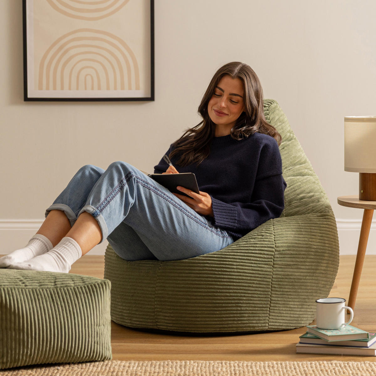 SITZSACK Dalton mit Hocker - Salbeigrün, Textil (90/73/84cm) - icon