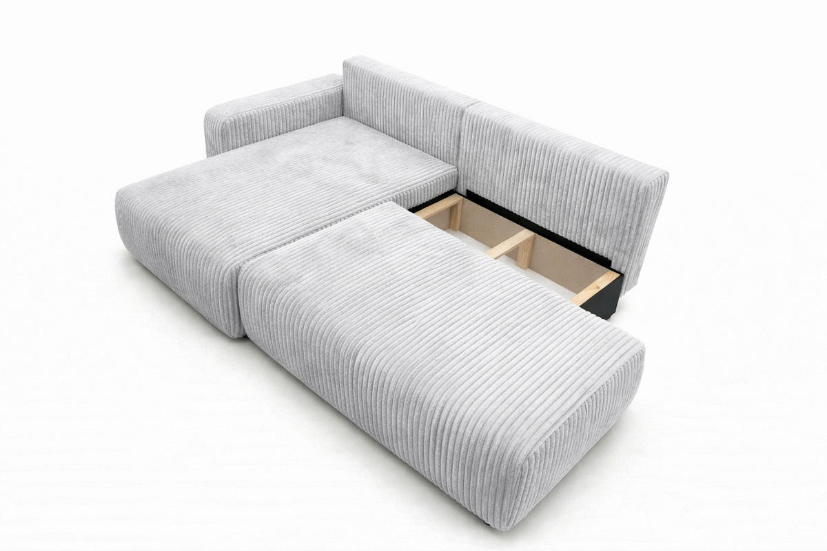 ECKSOFA Mit Schlaffunktion Und Bettkasten, Cordstoff Tilia, Grau, Links, OPEN XL - Grau, Holz (262/145cm) - Kaiser Möbel