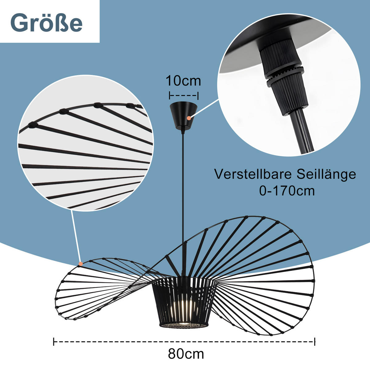 HÄNGELEUCHTE Strohhut 80/80/150 cm - Schwarz, Metall (80/80/150cm) - Nettlife