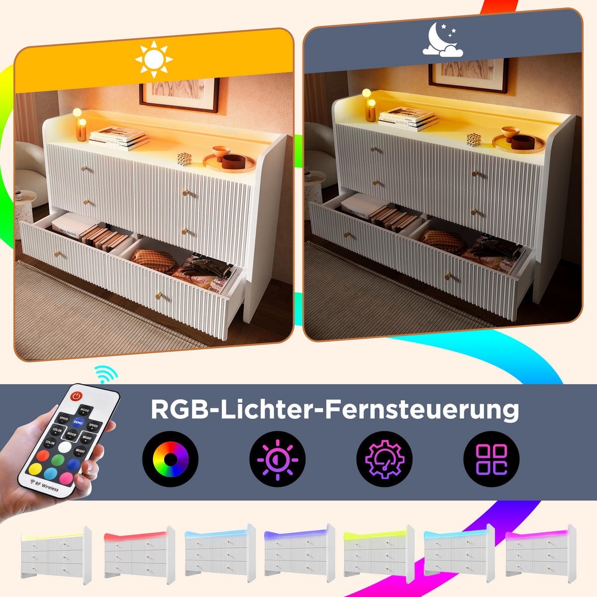 KOMMODE mit 6 Schubladen und LED-Beleuchtung, 120 x 40 x 75 cm, Weiß, Spanplatte - Weiß, Holzwerkstoff (120/75/40cm) - SONNENH