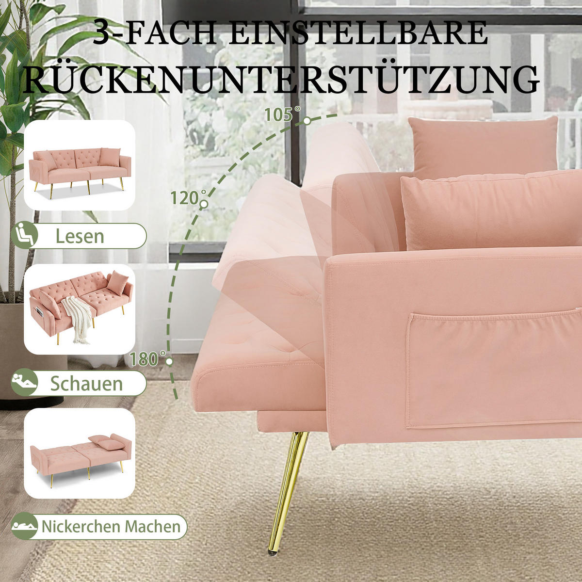 SCHLAFSOFA 177/78/74 cm in Pink Samt mit Aufbewahrungstasche - Rosa, Textil (78/74/177cm) - Oxeza