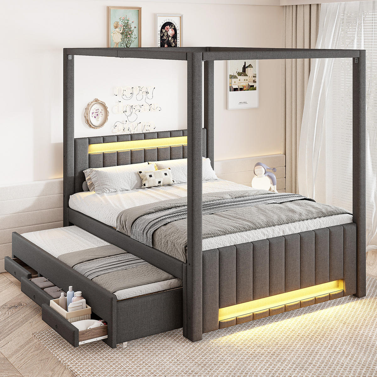 POLSTERBETT 140/200 cm in Grau Leinen mit Ausziehbett, 3 Schubladen und LED - Grau, Holzwerkstoff/Textil (140/200cm) - WISHDOR