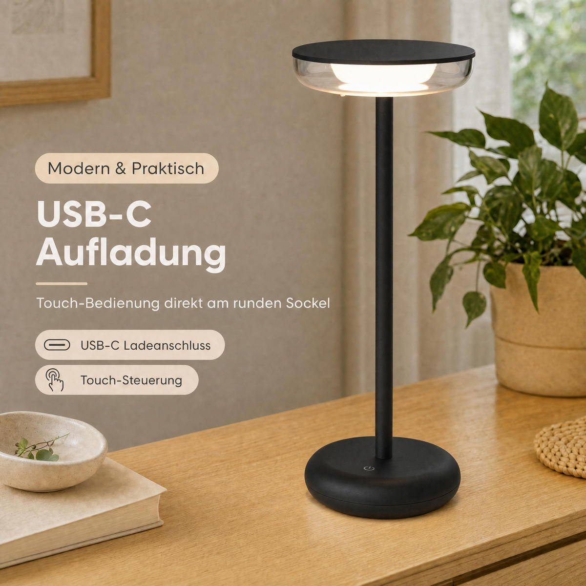 LED-TISCHLAMPE Schwarz Dimmbar Akku 1800mAh 180lm warmweiß Touch USB-C Nachttischleuchte Höhe 27,4 cm - Schwarz, Kunststoff (11/11/27.4cm) - Northpoint