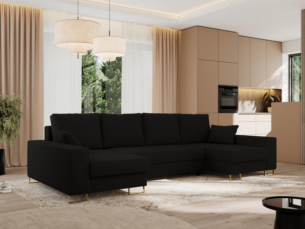 WOHNLANDSCHAFT DORIAN U Bouclé Schwarz - Goldfarben/Schwarz, Textil/Metall (312/95/138cm) - MKS