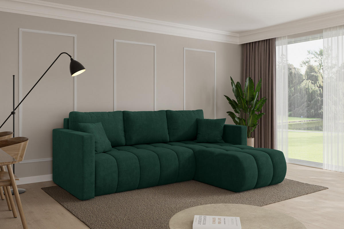 ROHOVÁ SEDAČKA s funkcí spaní, otoman vpravo GARD-L 226x146x85 zelená velur - černá/zelená barva, kompozitní dřevo/textil (226/146cm) - ALTDECOR