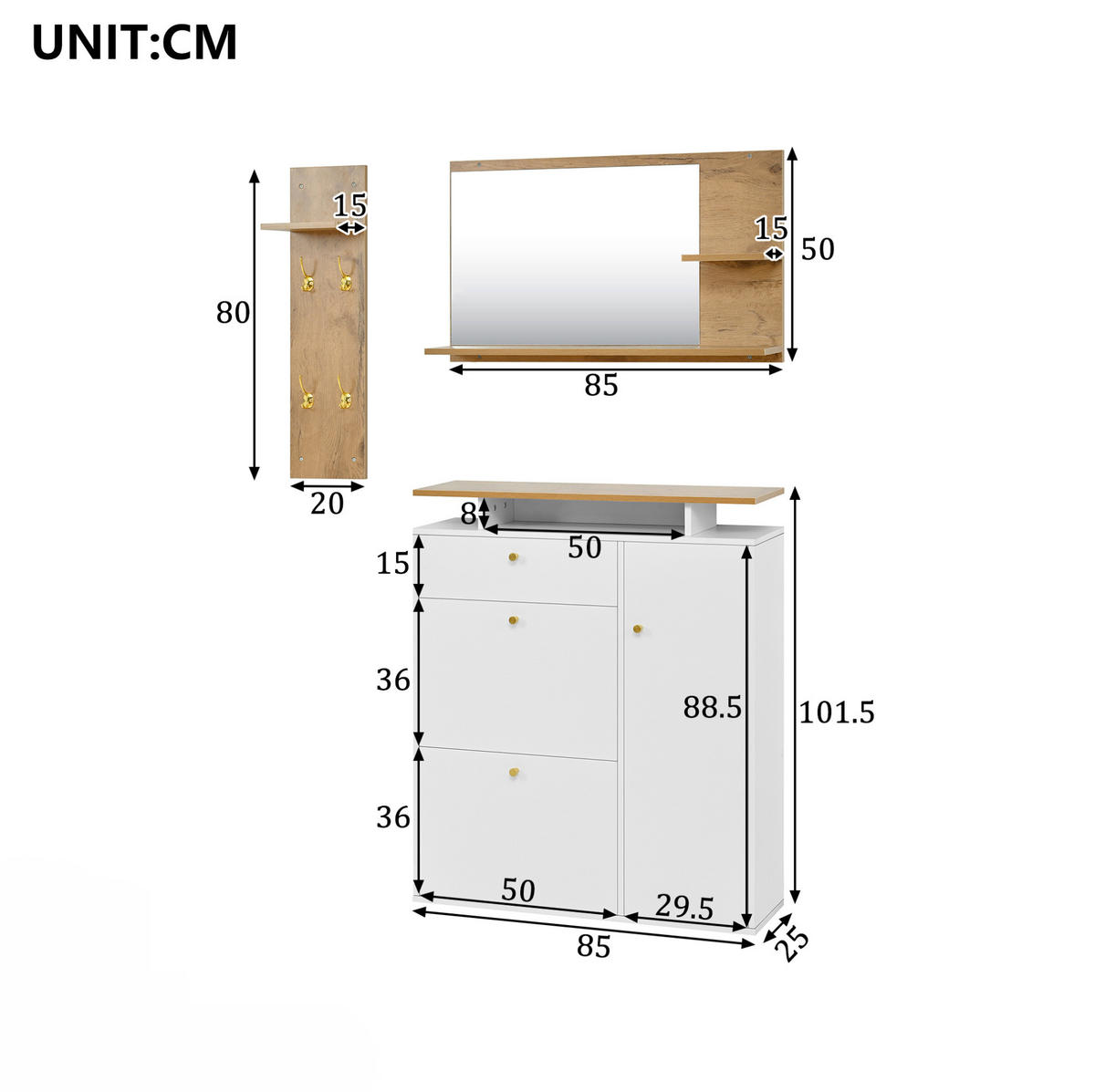 GARDEROBENSET 105/25/151,5 cm mit LED-Beleuchtung, Spiegel, Schuhschrank und 4 Haken aus Spanplatte, Weiß - Weiß, Holzwerkstoff (105/151.5/25cm) - Redom