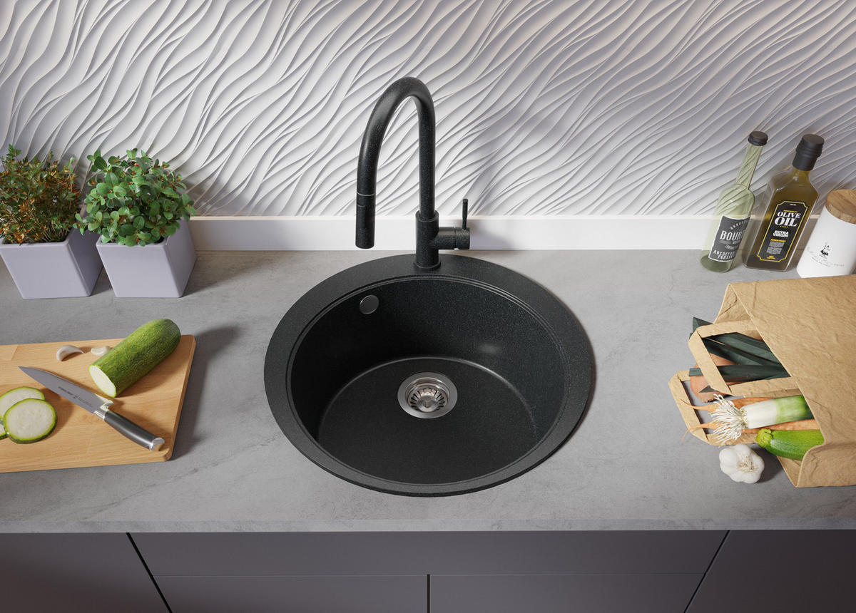 SPÜLBECKEN RUND Pisa Max, 2-er set Anthrazit 53/53 cm 1 Becken + Ablauf-Set + Schneidebrett ab 50er Unterschrank - Chromfarben/Anthrazit, Kunststoff (53/20/53cm) - Primagran