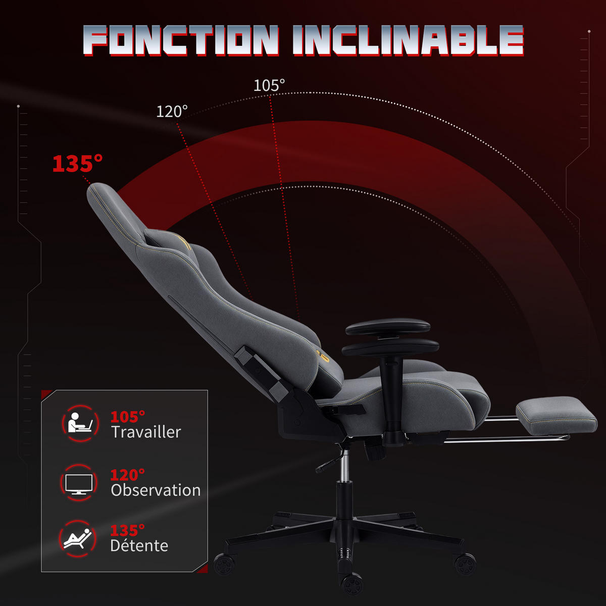 GAMINGSTUHL DE-11784 3D-Armlehnen & 135° Neigung Grau - Dunkelgrau, Metall (72/132/76cm) - ComfortXL