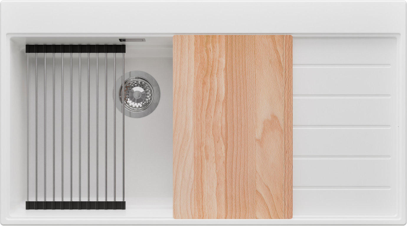 SPÜLBECKEN Sydney, 2-er set Weiß 90/50 cm 1 Becken + Ablauf-Set + Küchenzubehörset ab 60er Unterschrank - Chromfarben/Beige, Kunststoff (90/20/50cm) - Primagran