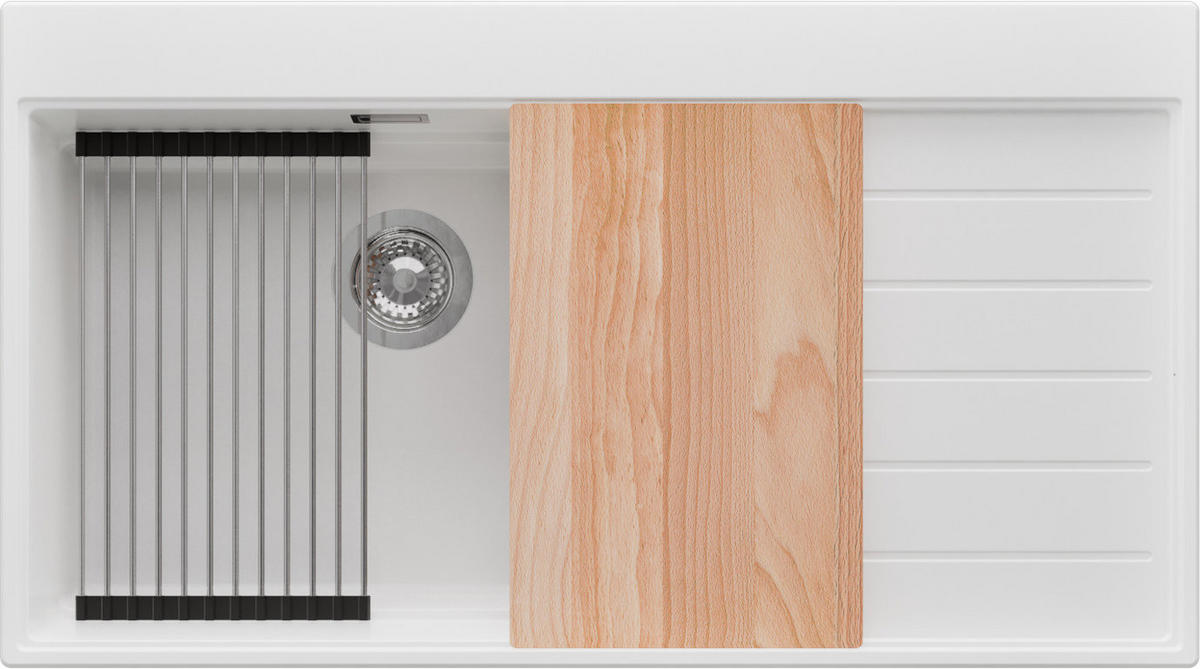 SPÜLBECKEN Sydney, 2-er set Weiß 90/50 cm 1 Becken + Ablauf-Set + Küchenzubehörset ab 60er Unterschrank - Chromfarben/Beige, Kunststoff (90/20/50cm) - Primagran