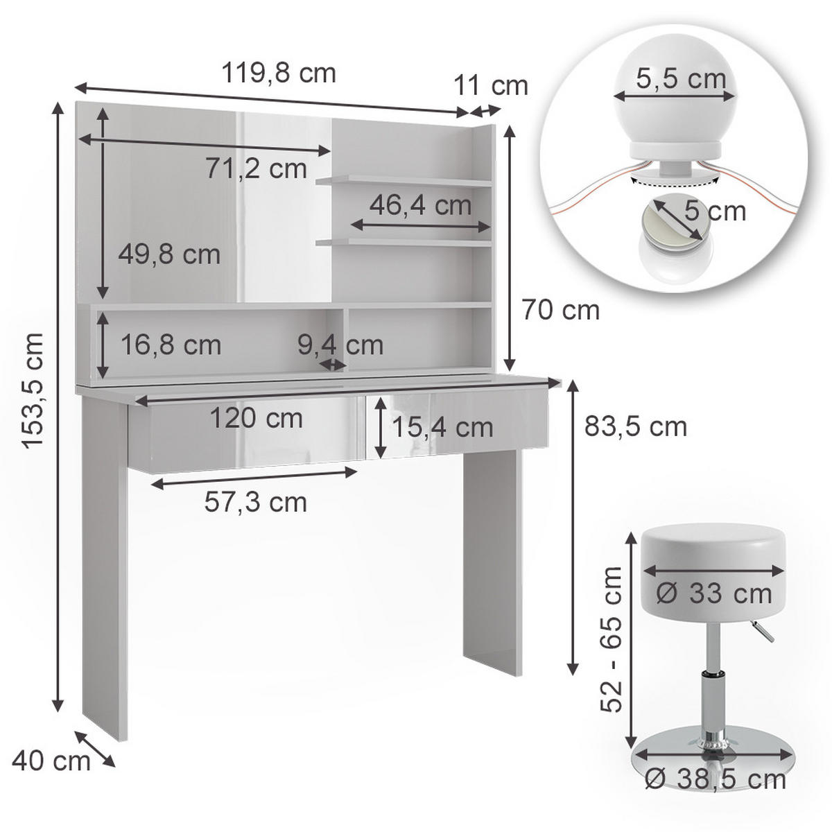 SCHMINKTISCH Azur Weiß 120 cm mit Spiegelregal, Hocker & LED-Beleuchtung - Weiß Hochglanz/Weiß, Holzwerkstoff (120/83.5/40cm) - Vicco