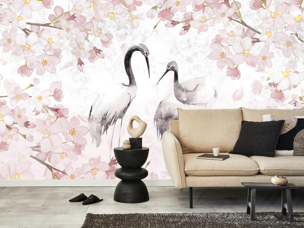 FOTOTAPETE für Schlafzimmer Kraniche Kirschblüten Aquarell Natur Rosa Vintage Blüten 150x105 - Beige/Rosa, Papier (150/105cm) - Muralo