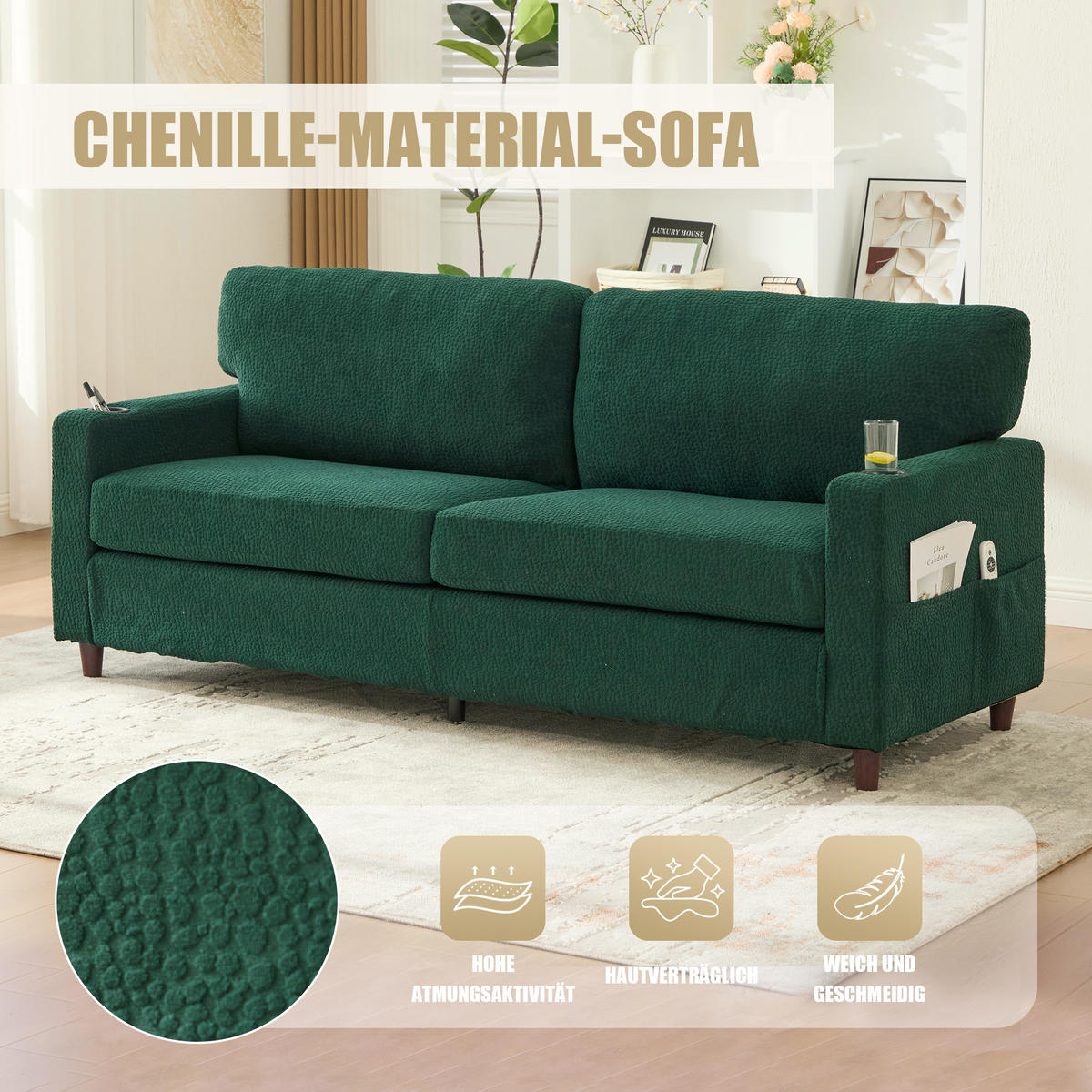 ZWEISITZER Sofa Chenille mit USB-Anschluss LED und Getränkehaltern 203/77,5/86 cm Smaragdgrün - Smaragdgrün, Textil (77.5/86/203cm) - Redom