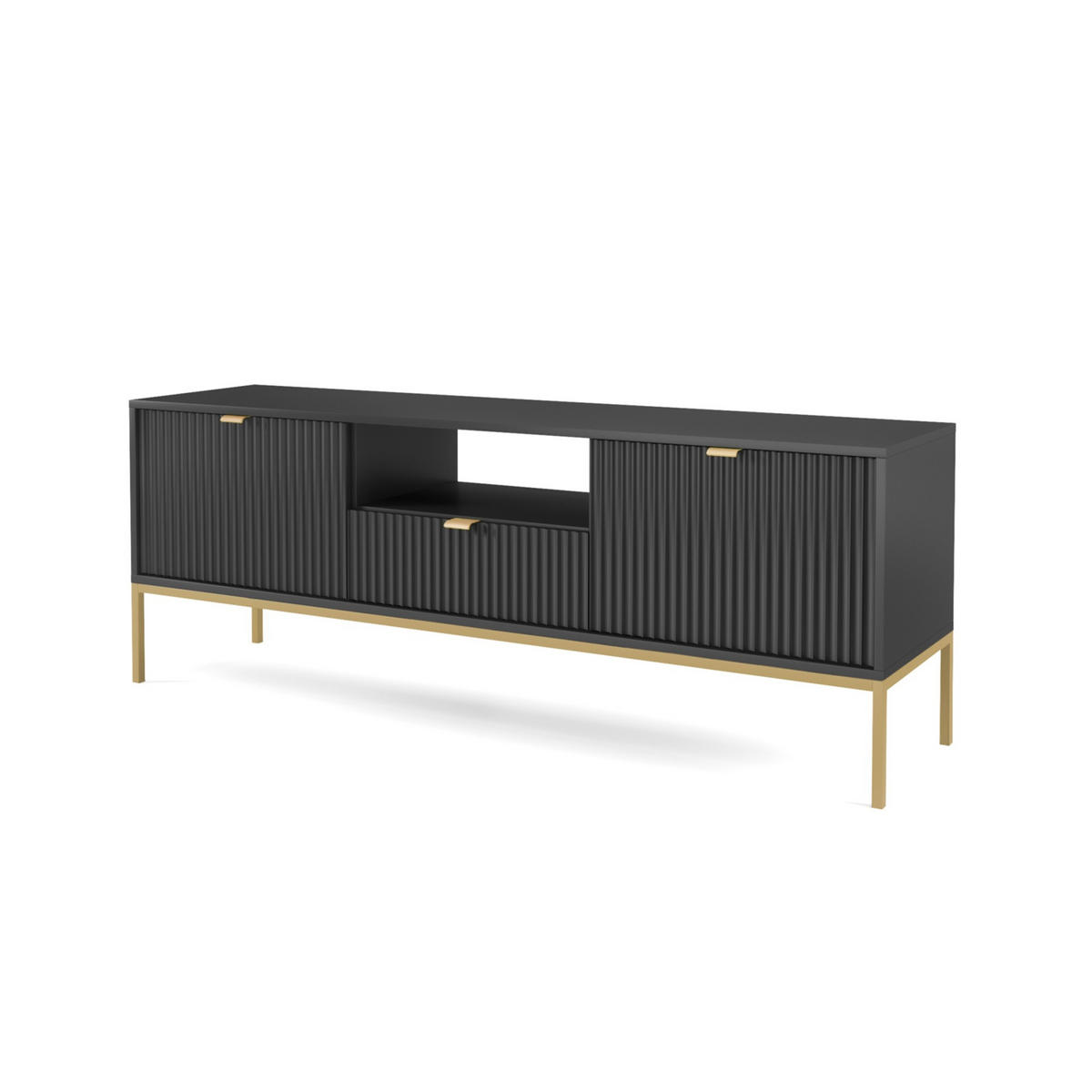 TV-SCHRANK Nova Schwarz, Golden Beine, zweitüriger TV-Tisch - Goldfarben/Schwarz, Holzwerkstoff/Metall (154/56/39cm) - Bettso