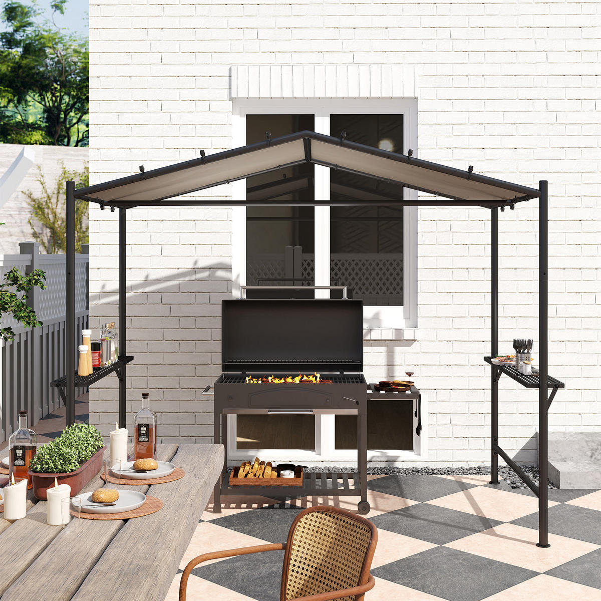 GRILLPAVILLON 277 x 149 x 230 cm, Khaki - Beige, Metall (149/230/277cm) - Outsunny