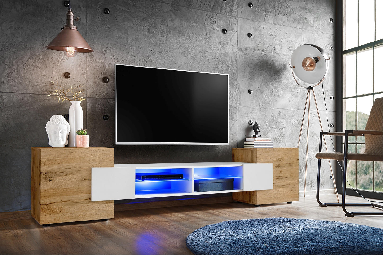 LOWBOARD MERANO Eiche Wotan, Blau LED Beleuchtung - Eiche Wotan/Weiß, Glas/Holzwerkstoff (230/52.5/35cm) - Komodee
