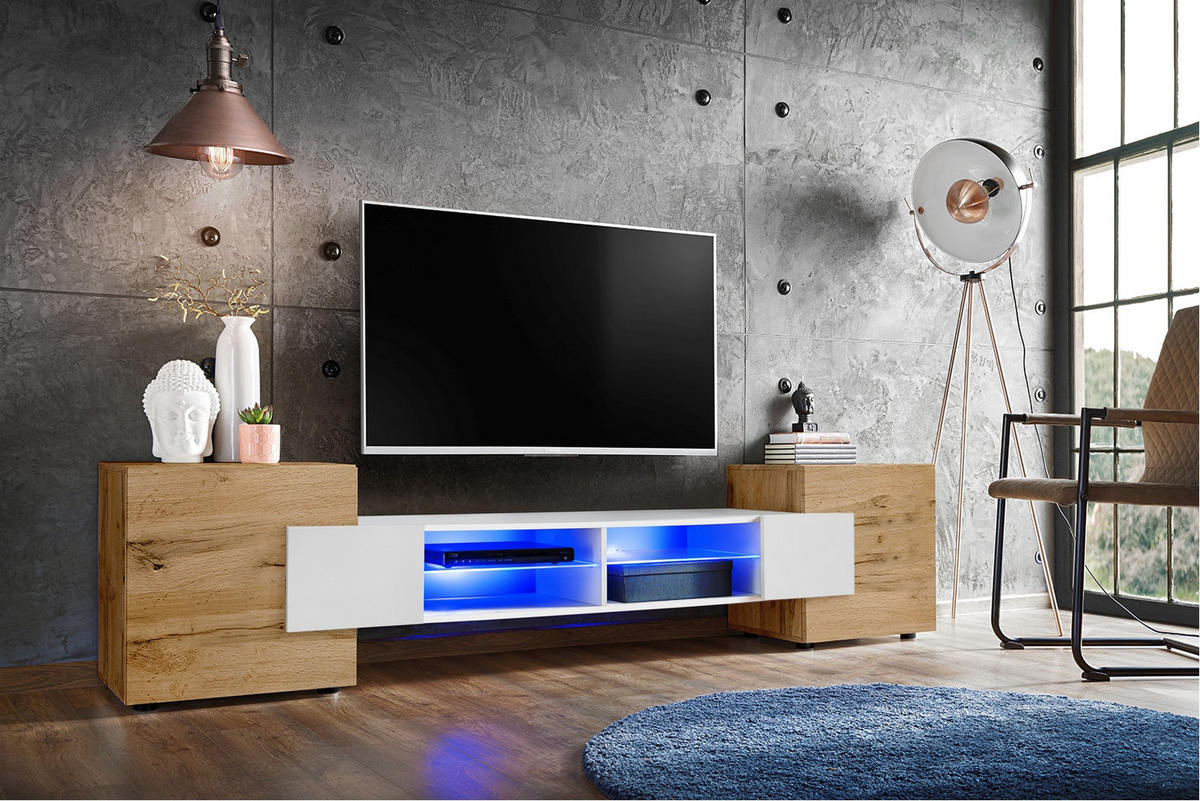 LOWBOARD MERANO Eiche Wotan, Blau LED Beleuchtung - Eiche Wotan/Weiß, Glas/Holzwerkstoff (230/52.5/35cm) - Komodee