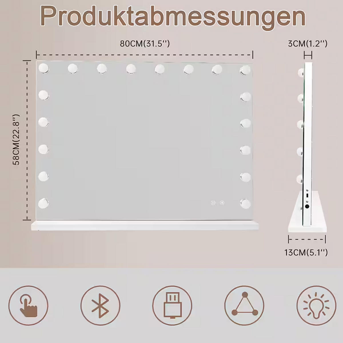SPIEGEL mit Beleuchtung LED Bluetooth weiß 80/58 cm - Weiß, Metall (80/58/3cm) - VANITII