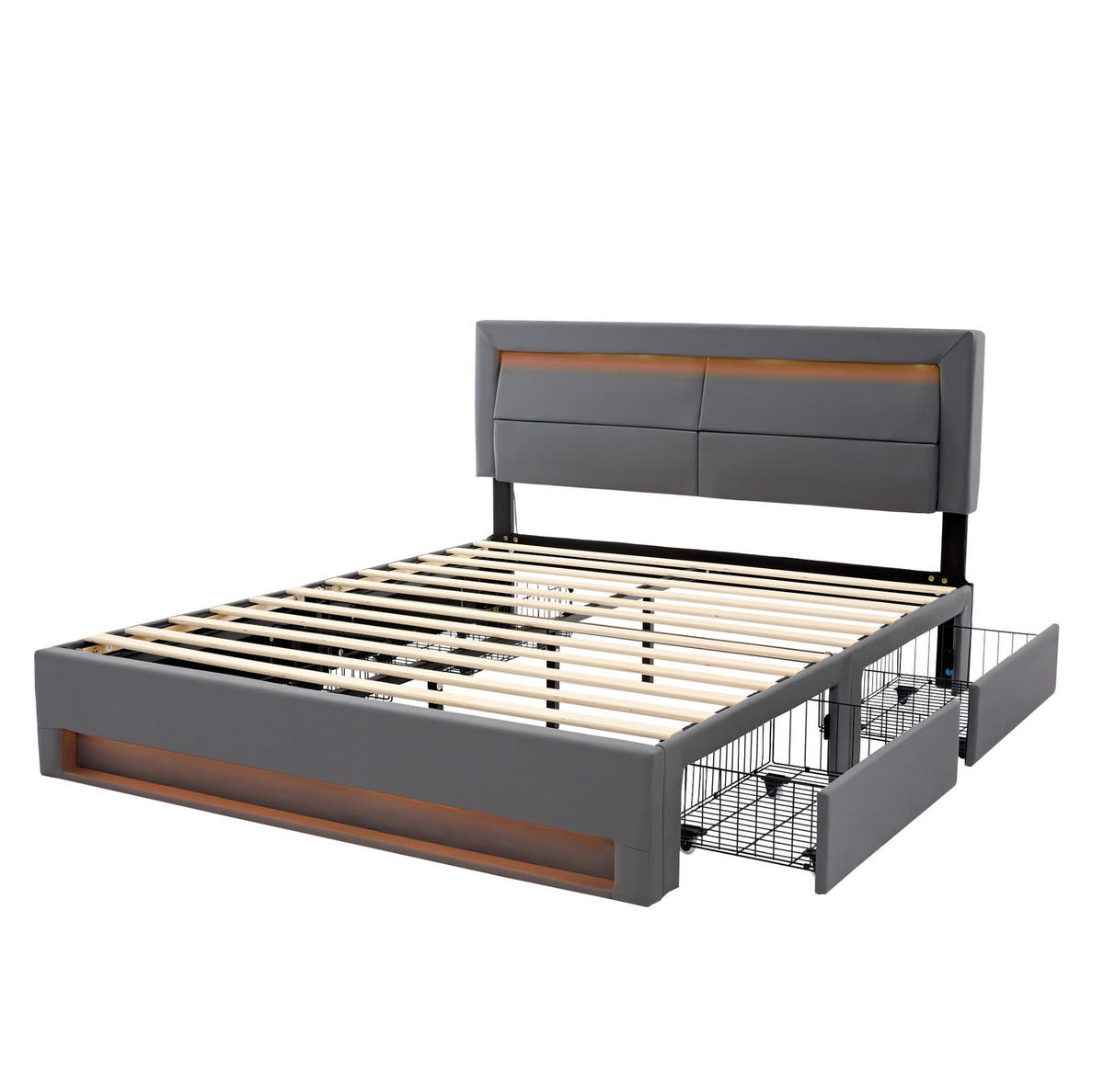 POLSTERBETT aus PU 140x190 cm Grau mit LED-Beleuchtung, USB- und kabelloser Ladefunktion, 4 Schubladen - Grau, Kunststoff (140/190cm) - IVMEU
