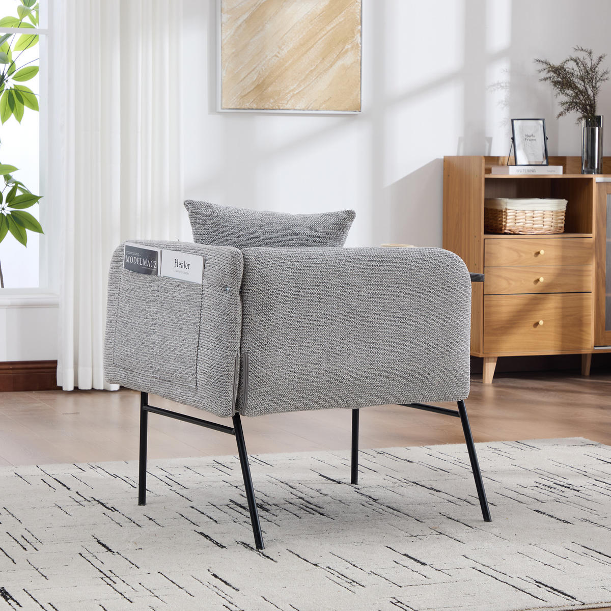 SESSEL Chenille Grau mit Beistelltisch und Seitentaschen - Grau, Textil/Metall (86/71/72cm) - WISHDOR