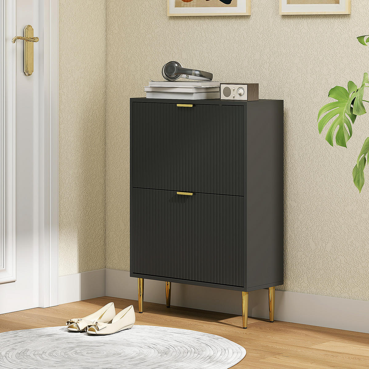 SCHUHSCHRANK Schwarz MDF und Metall klappbar mit Fächern 1 Stück - Schwarz, Holzwerkstoff (60/91.5/24cm) - PANGIVO