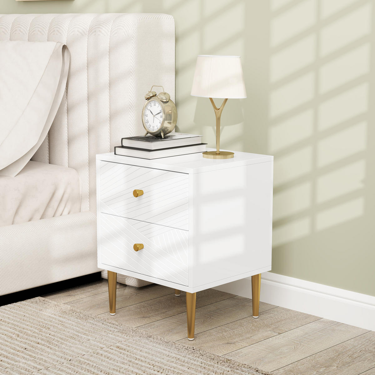 NACHTSCHRANK DE-12858 2 Schubladen, goldene Akzente Weiß - Weiß, Holzwerkstoff (35/50/40cm) - ComfortXL