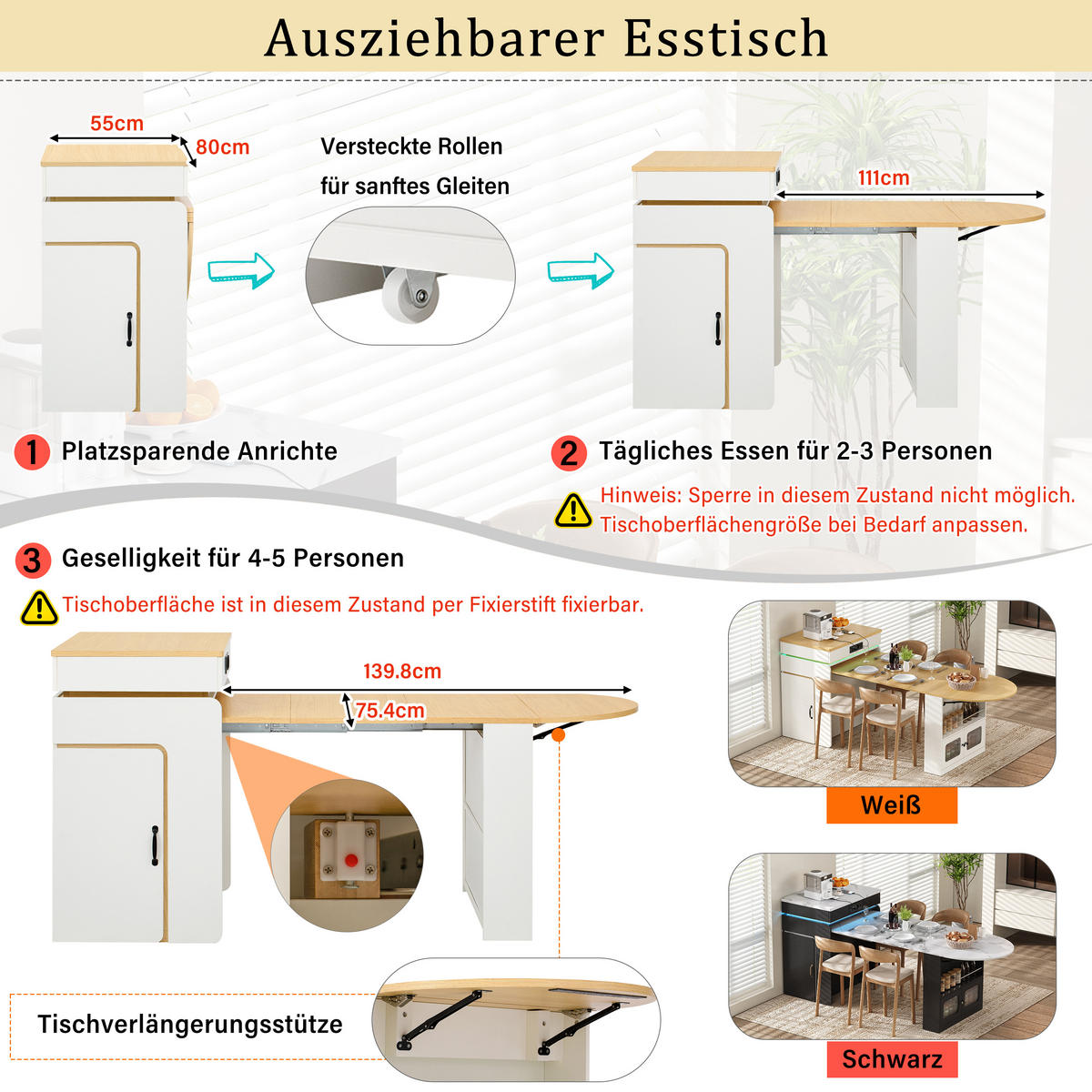 KÜCHENINSEL ausziehbar 55-194/80/95,5 cm mit LED DE-39581 Weiß - Weiß, Holzwerkstoff (80/95.5/55cm) - ComfortXL