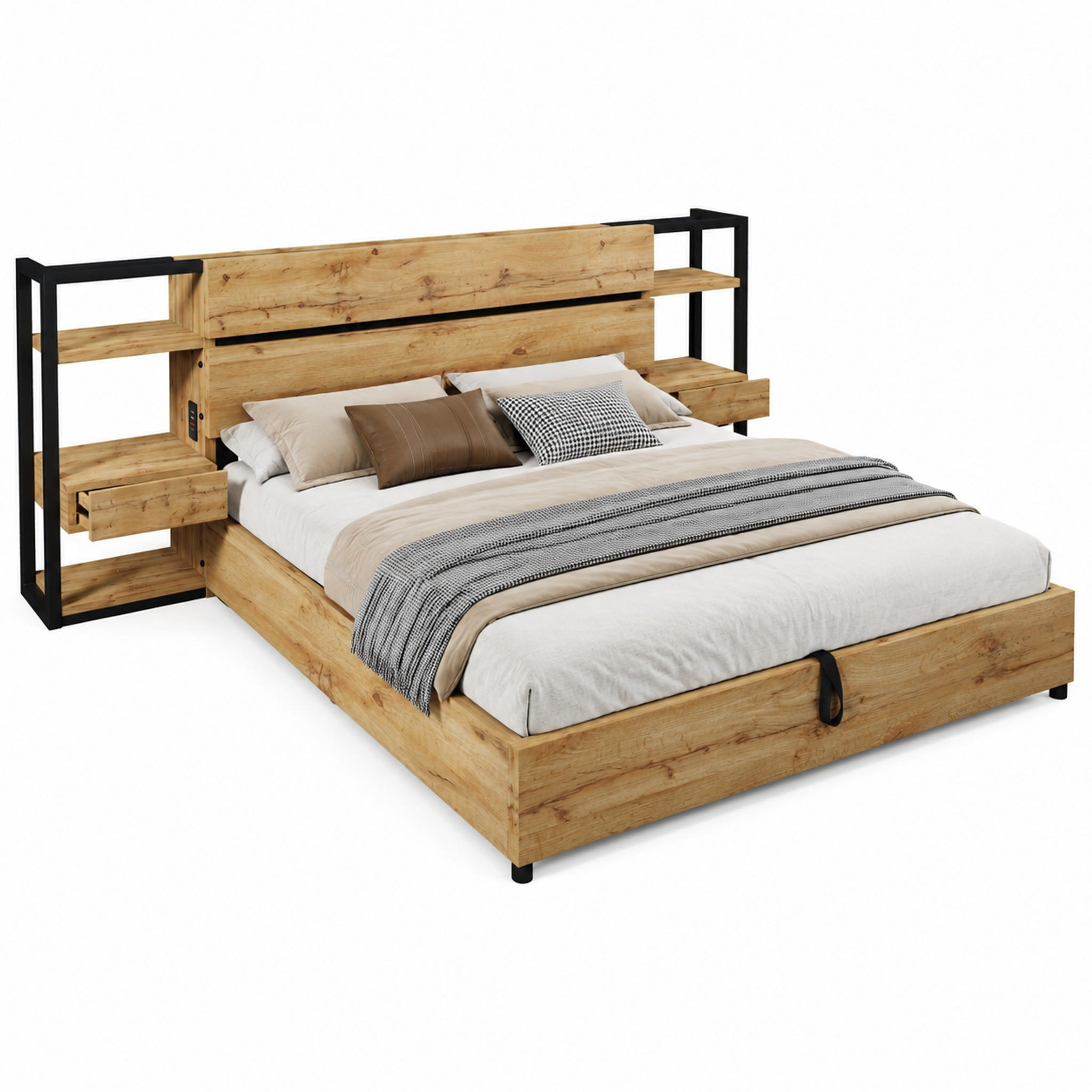 BETT mit Stauraum und Ladestation 180x200 cm MDF/Metall Eiche - Braun, Metall (180/200cm) - Meubliv