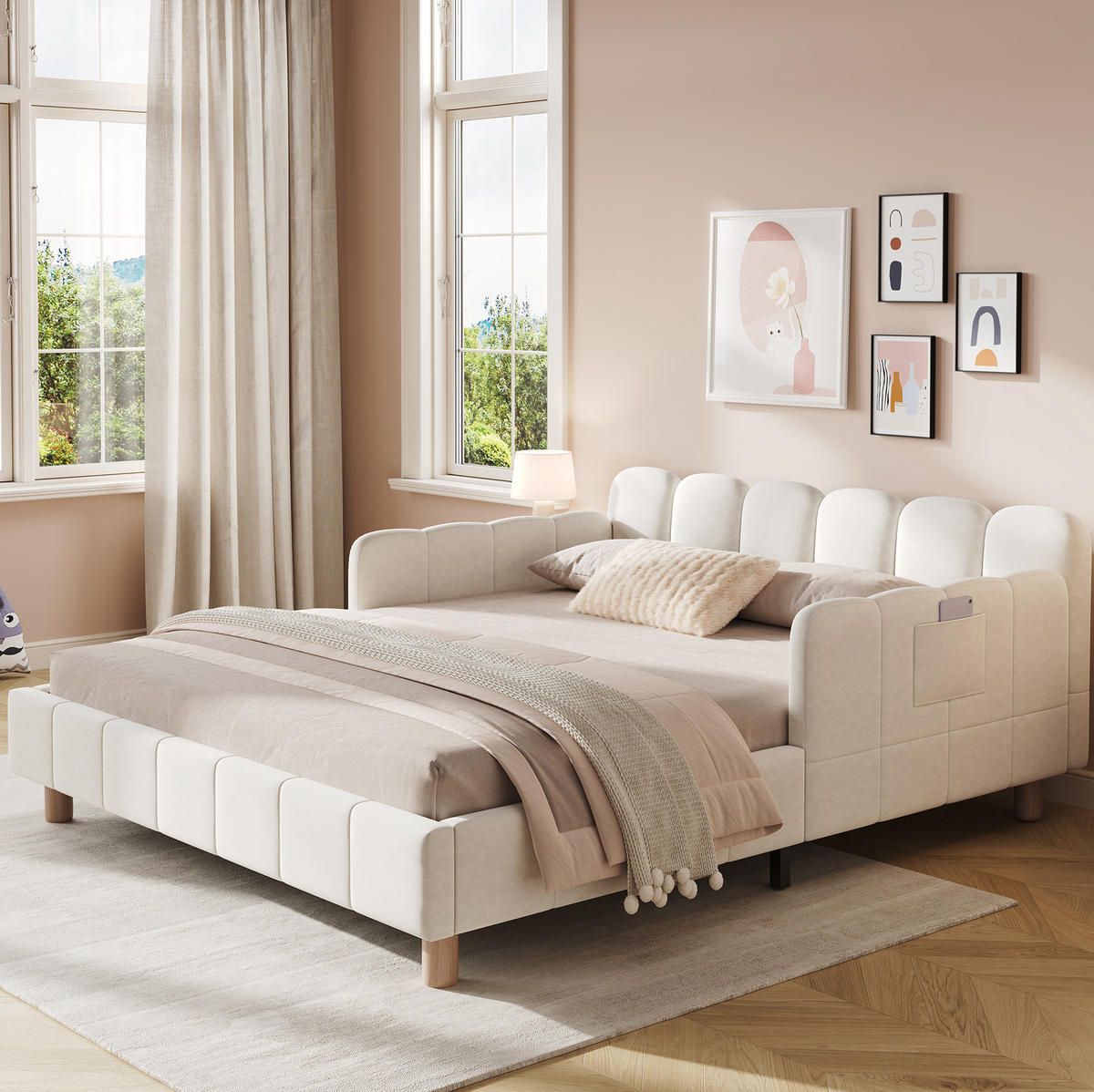 KINDERBETT 140/200 cm aus Samt mit gepolstertem Kopfteil, flexiblem Rausfallschutz und Taschen, Beige - Beige, Textil (140/200cm) - Redom