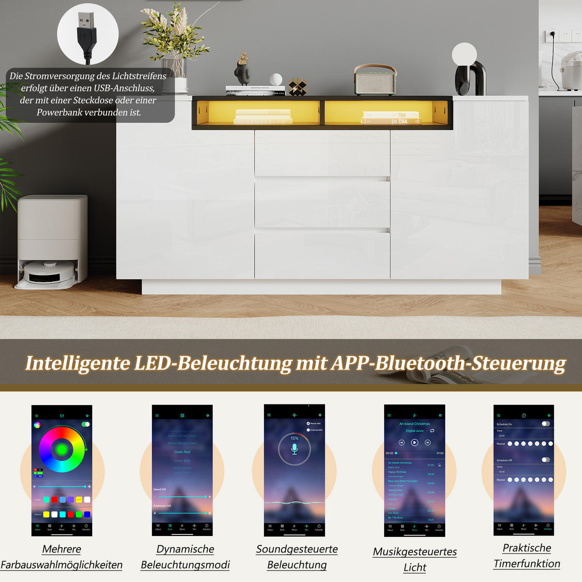 SIDEBOARD 140 cm 2 L-förmige Türen, 3 Schubladen, LED-Beleuchtung, Hochglanz Weiß & Schwarz - Weiß Hochglanz, Holzwerkstoff (140/48/60cm) - Urban Meuble