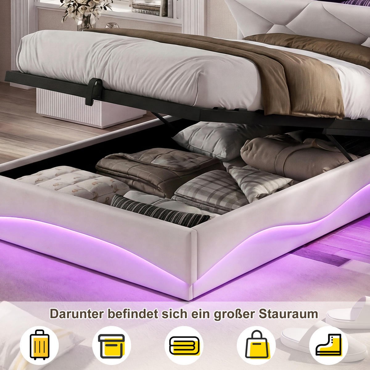 POLSTERBETT 90x200 cm mit Bettkasten, hydraulischer Stauraum, LED, USB & Type-C, Kopfteil mit Ablage und Lattenrost, Beige - Beige, Metall (90/200cm) - EuroLiving