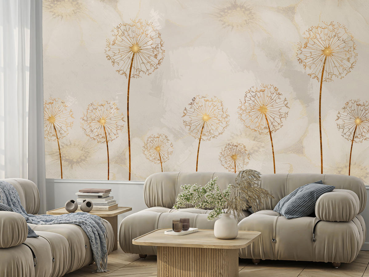 FOTOTAPETE für Schlafzimmer Goldene Löwenzahn Aquarell Blumen 450x315 - Gelb/Beige, Papier (450/315cm) - Muralo