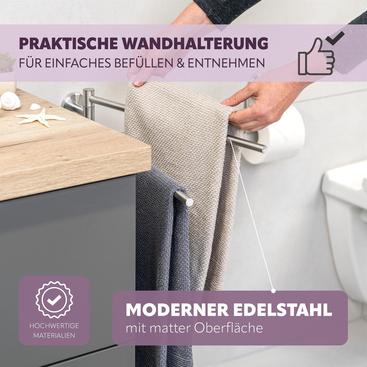 HANDTUCHSTANGE PIAZZA Edelstahl, inkl. Klebeset - Silberfarben, Metall (5.8/10/50cm) - bremermann