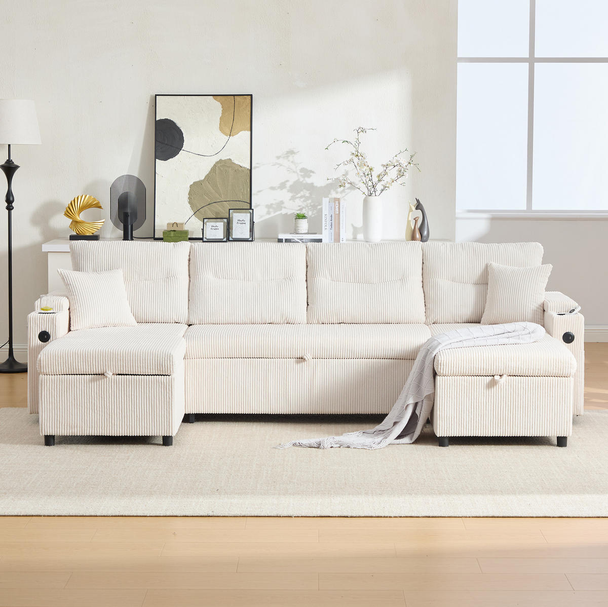 ECKSOFA 4-Sitzer Cord mit Stauraum und USB-Anschluss Schlaffunktion 272/136/86 cm Beige - Beige, Textil (136/86/272cm) - Redom