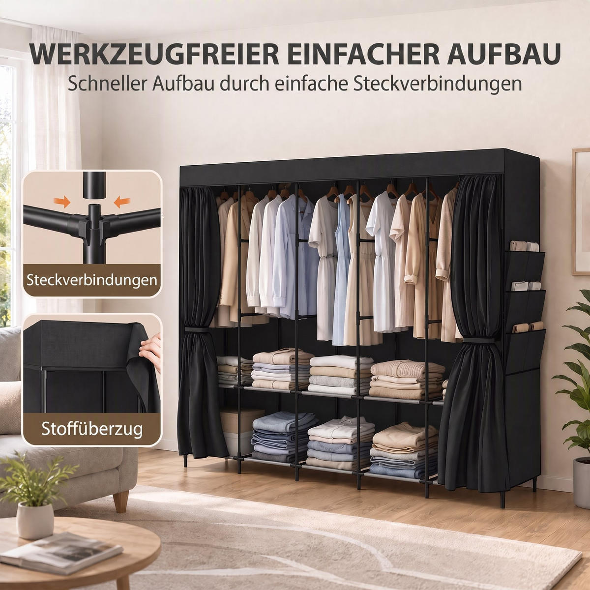 STOFFSCHRANK Stahl Vliesstoff Schwarz - Schwarz, Textil/Metall (45/167/212cm) - HOMCOM