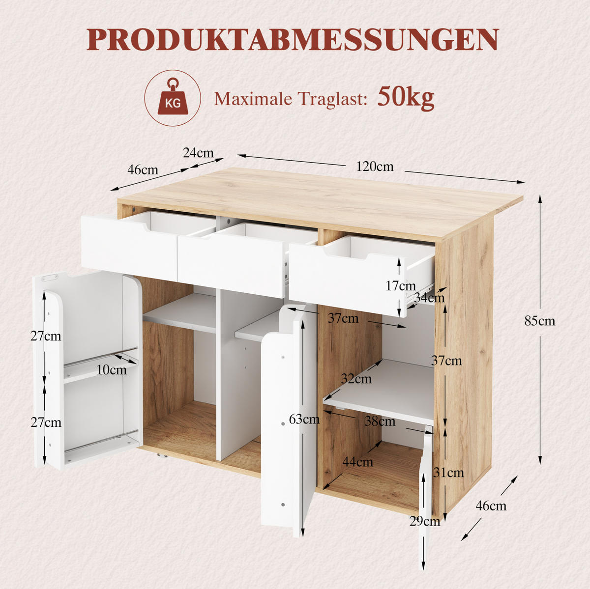 SCHRANK/SIDEBOARD 120x46x85cm Weiß mit 360°Rollen, Schubladen & Fächern - Weiß, Holzwerkstoff (120/85/46cm) - Modfu