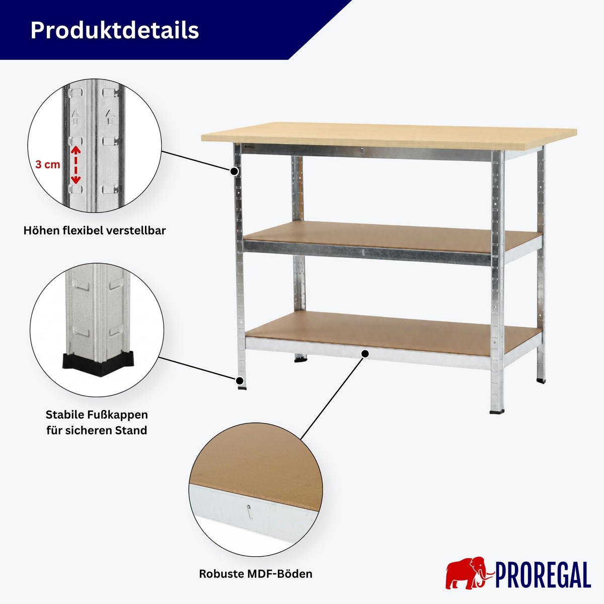 PROFI Werkbank TAURUS 1 Tischplatte + 2 Fachböden HxBxT 120x60x25cm Verzinkt - Zinkfarben, Metall (120/92.5/60cm) - PROREGAL
