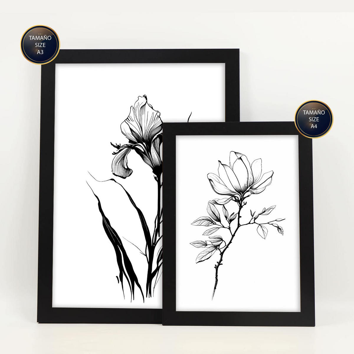 POSTER Set Mit 6 Zarte Blume Größe A3 & A4 Schwarzer Rahmen - Schwarz, Papier (29.7/1cm) - Nacnic