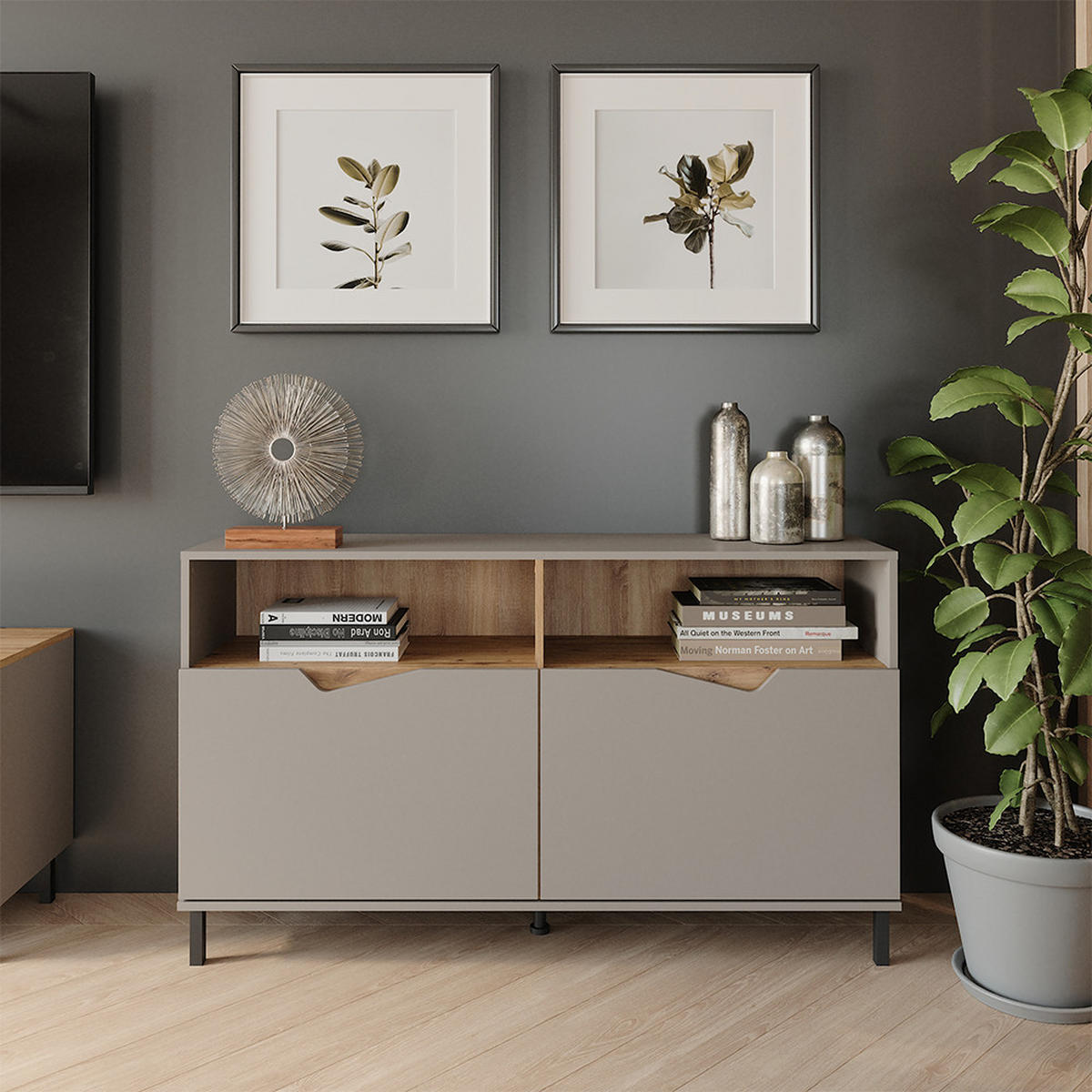 KREDENC Marelle Béžový dub/Artisan - světle šedá/šedobéžová, kompozitní dřevo (140/81.3/38cm) - Vicco