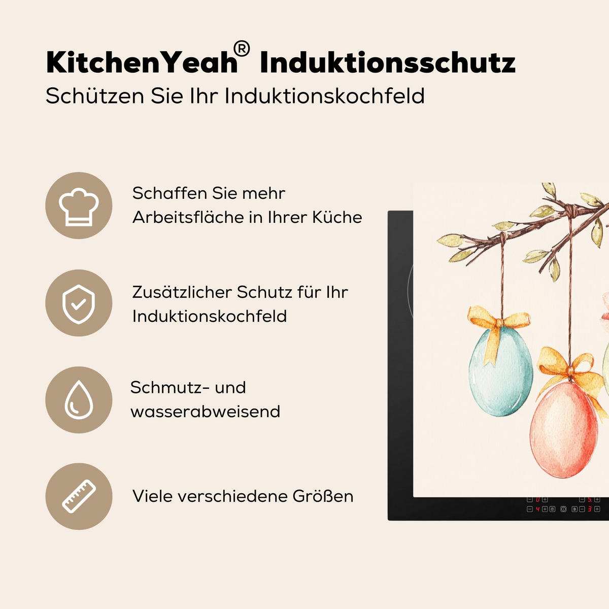 HERDABDECKPLATTE Osterkuchen - Schleife - Eier Induktionsmatte 78x78 cm - Creme, Kunststoff (78/78/0.2cm) - MuchoWow