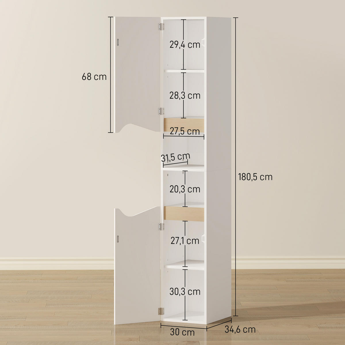 BADEZIMMERSCHRANK Spanplatte Weiß - Weiß, Holzwerkstoff (30/180.5/34.6cm) - HOMCOM