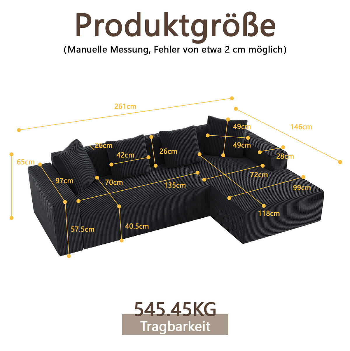 ECKSOFA 261/146/65 cm schwarz aus Cord mit Ottomane und Kissen - Schwarz, Textil (146/261cm) - OKWISH