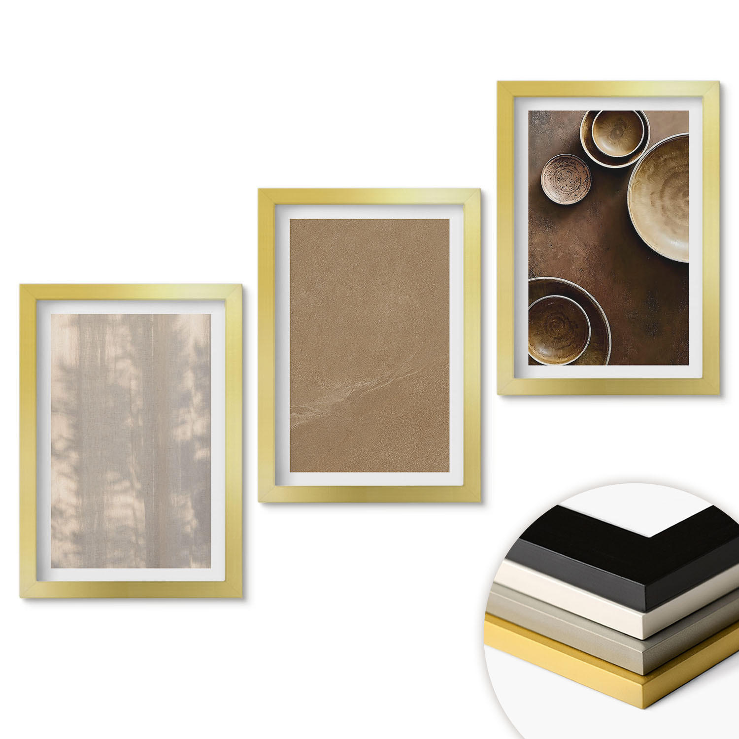 WANDBILDER 3er Set - 20x30 cm Goldrahmen - Minimalistische Texturstrukturen - Goldfarben, Kunststoff (20/30cm) - ArtPrintCave