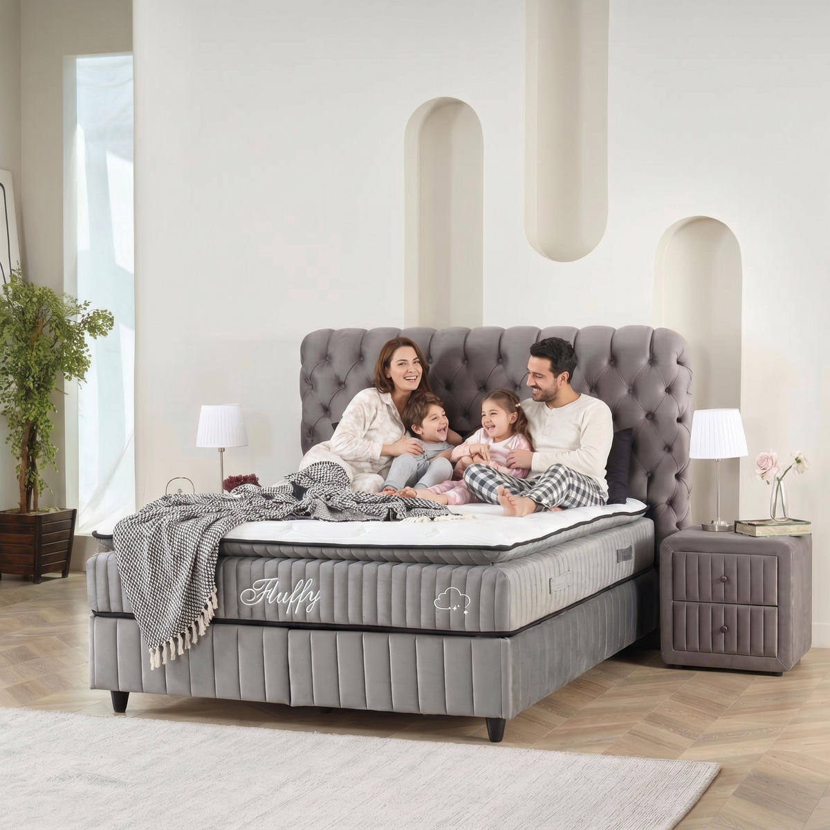 BOXBETT Fluffy Set Nature Boxspringbett 180x200 mit Matratze inkl. Lieferung - Anthrazit, Holz (180/200cm) - Gowoll