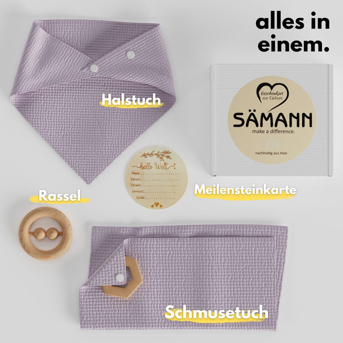 BABY Geschenkset 4-tlg. zur Geburt mit Halstuch, Rassel, Karte, Schmusetuch flieder - Flieder, Textil (10/10cm) - Sämann – make a difference.