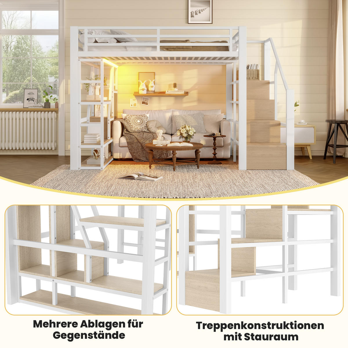 HOCHBETT 140/200 cm mit LED-Lichtleiste, Stauraumtreppe, Schutzgeländer und offenem Regal, Metall und MDF, Weiß - Weiß, Holzwerkstoff (140/200cm) - Redom