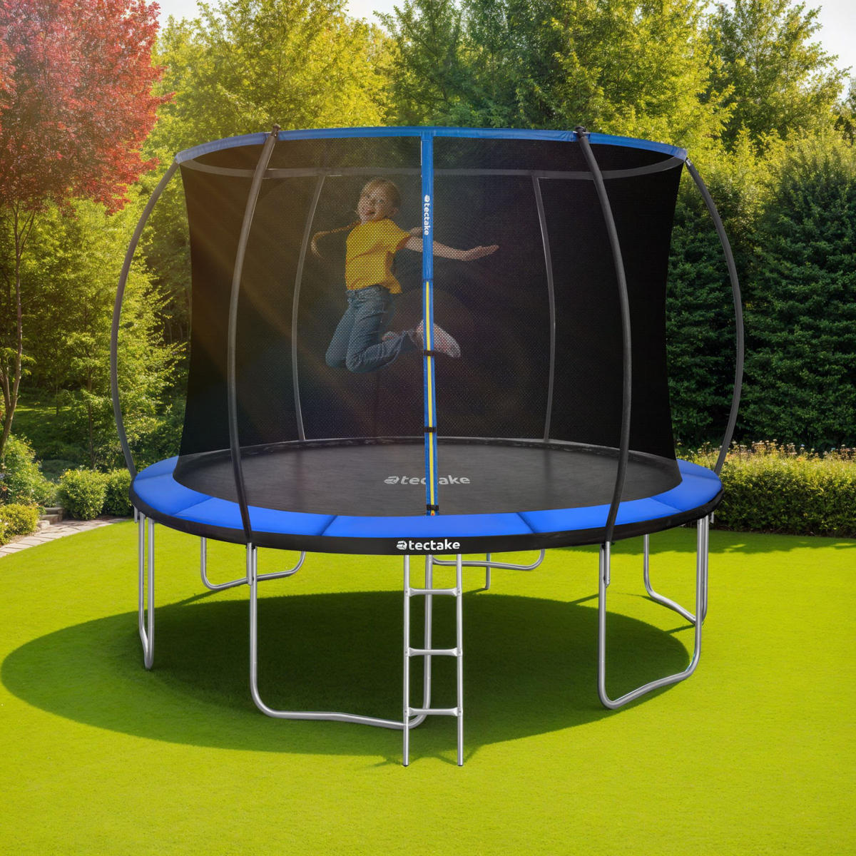 TRAMPOLIN Jumpy,inklusive Einstiegsleiter,schwarz/blau - Blau/Schwarz, Metall (394/275/394cm) - tectake